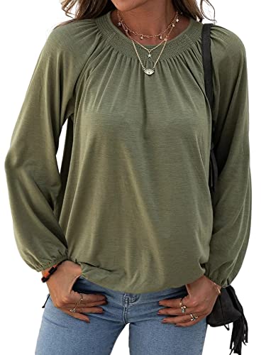 Grlasen Damen Solide Rundhals T-Shirt Bluse Baumwolle Halbarm 3/4 Ärmel Casual Lose Plissee Basic Tops, Z01-army Green, Groß von Grlasen