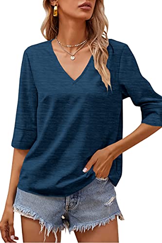 Grlasen Damenmode Halbarm V-Ausschnitt T-Shirt Solid Loose Basic Tops, Marineblau, Mittel von Grlasen