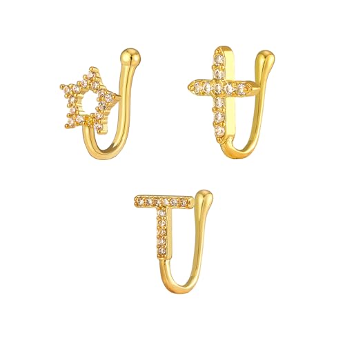 Grmpt 3 Stück vergoldeter Nasenring für Frauen, Nasenpiercing, verstellbare Strass-Herz-Stern-Clip-on-Nasenringe, Moderate, Metall, Kein Edelstein von Grmpt
