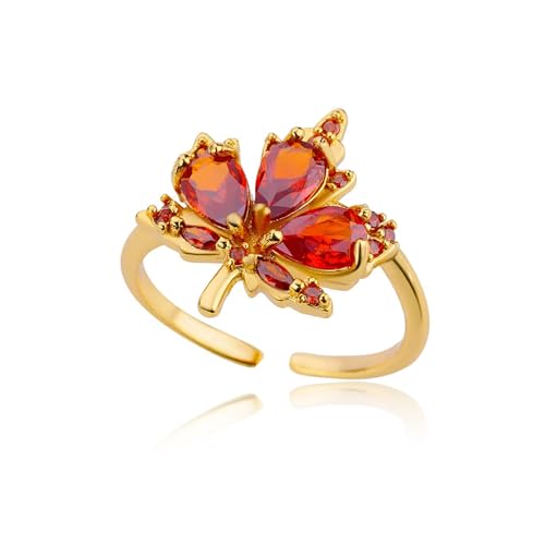 Grmpt Rote Ahornblatt-Ringe für Damen, verstellbarer Strass-Ahornblätter-Ring, vergoldet, rotes Blatt, Metall, Kein Edelstein von Grmpt