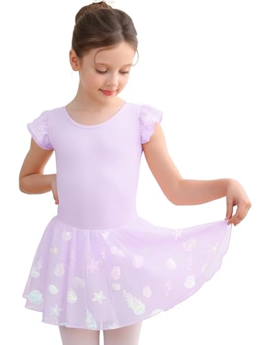 GroYolan Ballettkleidung Mädchen Ballettkleid mit Quallen Print Kurzarm Balletttrikot für Kinder Ballett Tanzkleid Tanzbody mit Chiffon Rock Tütü von GroYolan