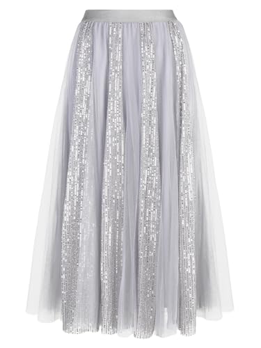 GroYolan Damen Tüllrock Lang Glitzer A-Linie Maxirock mit Pailletten Elastisch Taille Tüllrock für Casual Party Kostüm von GroYolan