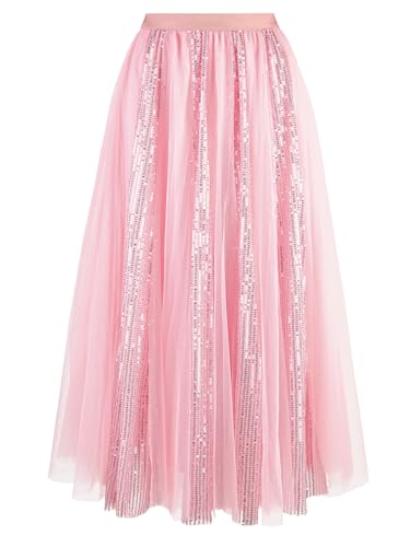 GroYolan Damen Tüllrock Lang Glitzer A-Linie Maxirock mit Pailletten Elastisch Taille Tüllrock für Casual Party Kostüm von GroYolan