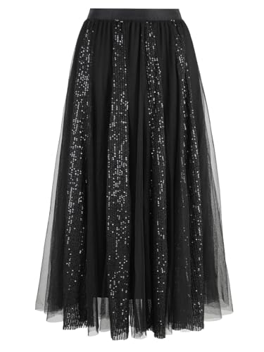 GroYolan Damen Tüllrock Lang Glitzer A-Linie Maxirock mit Pailletten Elastisch Taille Tüllrock für Casual Party Kostüm von GroYolan