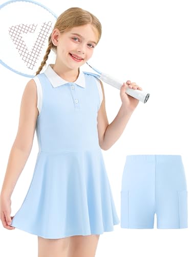 GroYolan Mädchen Tenniskleid ärmellos Polokleid Sportkleid mit Hose und Taschen Tennis Golf Kleid für Sport Casual 5-15 Jahre von GroYolan