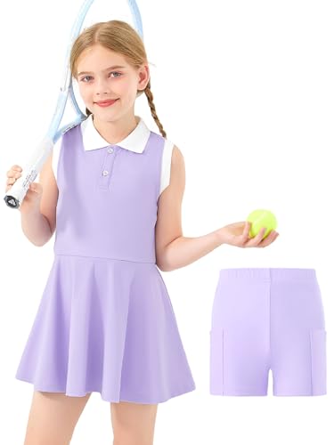 GroYolan Mädchen Tenniskleid ärmellos Polokleid Sportkleid mit Hose und Taschen Tennis Golf Kleid für Sport Casual 5-15 Jahre von GroYolan