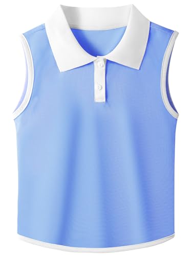 GroYolan Tshirt Mädchen Ärmelloses Polohemd, Kontrast Kragen Golf Tennis T Shirt, Polo Shirt für Mädchen, Knopfleiste Atmungsaktiv Tank Top Sport Casual von GroYolan