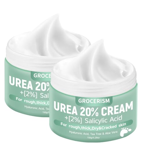 2 Packungen Urea Creme 20% 150 Gramm || Hornhautentferner Fußcreme, Handcreme, Bodylotion mit Hyaluronsäure, Teebaum und Aloe Vera für tiefe Feuchtigkeit, Kallusentferner und Erweichung von Grocerism