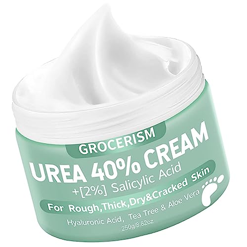 Urea Creme 40 prozent 250 Gramm || Hornhautentferner Fußcreme, Handcreme, Bodylotion mit Hyaluronsäure, Teebaum und Aloe Vera für tiefe Feuchtigkeit, Kallusentferner und Erweichung von Grocerism