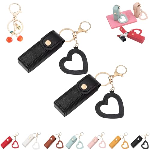 Cherishty Lip Oil Keychain,Cherishty Lip Oil Keychain Holder,Women Mini Lipstick Case with Keychains & Heart Pendant, Pu Leather Potable Lips Gloss Holder, for Car/Travel Storage (2pcsBlack) von Grolomo