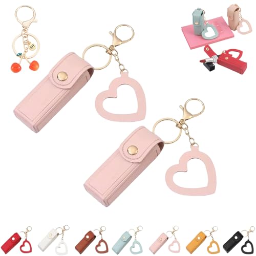 Cherishty Lip Oil Keychain,Cherishty Lip Oil Keychain Holder,Women Mini Lipstick Case with Keychains & Heart Pendant, Pu Leather Potable Lips Gloss Holder, for Car/Travel Storage (2pcsPink) von Grolomo