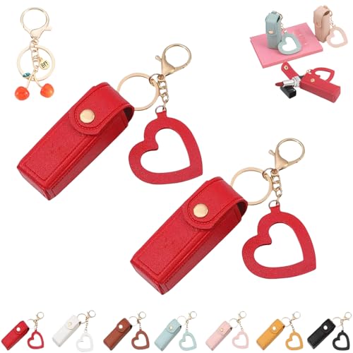 Cherishty Lip Oil Keychain,Cherishty Lip Oil Keychain Holder,Women Mini Lipstick Case with Keychains & Heart Pendant, Pu Leather Potable Lips Gloss Holder, for Car/Travel Storage (2pcsRed) von Grolomo