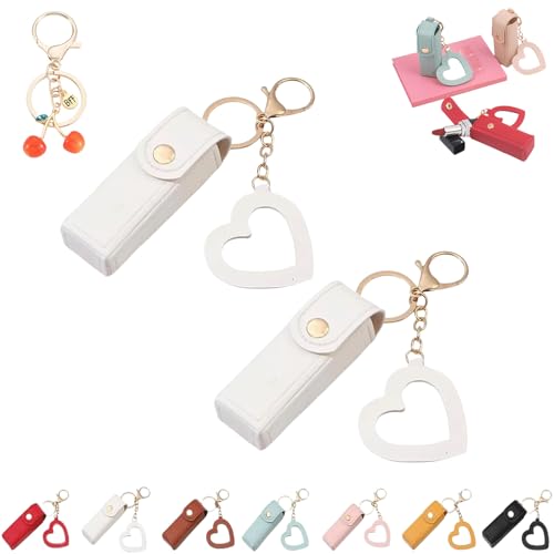Cherishty Lip Oil Keychain,Cherishty Lip Oil Keychain Holder,Women Mini Lipstick Case with Keychains & Heart Pendant, Pu Leather Potable Lips Gloss Holder, for Car/Travel Storage (2pcsWhite) von Grolomo
