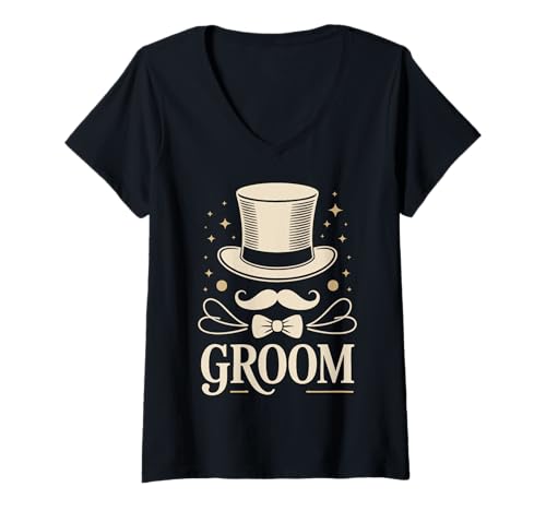 Damen Bräutigam Hochzeit Zylinderhut Bräutigam Gentlemen T-Shirt mit V-Ausschnitt von Groom Wedding Marriage