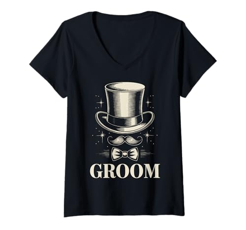 Damen Bräutigam Hochzeit Zylinderhut Bräutigam Gentlemen T-Shirt mit V-Ausschnitt von Groom Wedding Marriage