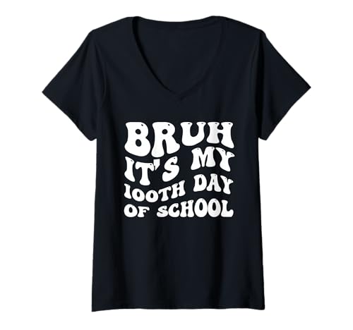 Damen Bruh It's 100 Days of School 100th Day Vintage Groovy Retro T-Shirt mit V-Ausschnitt Damen Bruh It's 100 Days of School 100th Day Vintage Groovy Retro T-Shirt mit V-Ausschnitt von Groovy 100th Day School Vibes