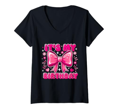 Damen Groovy It's My Birthday Girls Women Teens Coquette Bow Bday T-Shirt mit V-Ausschnitt Damen Groovy It's My Birthday Girls Women Teens Coquette Bow Bday T-Shirt mit V-Ausschnitt von Groovy Birthday Bow Tees for Girls and Teens