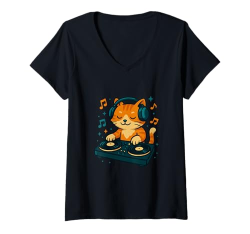 Damen Lustige DJ-Katzen-Illustration, Coole Musik T-Shirt mit V-Ausschnitt Damen Lustige DJ-Katzen-Illustration, Coole Musik T-Shirt mit V-Ausschnitt von Groovy Cats Music Apparel Co.