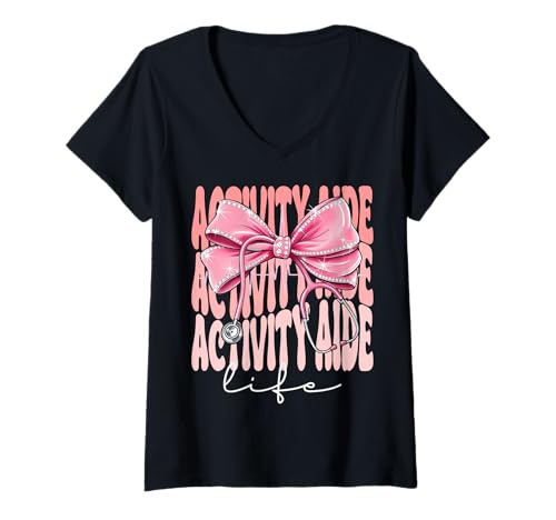 Damen Activity Aide Life Week Day Kokettenschleife für Damen, Rosa T-Shirt mit V-Ausschnitt Damen Activity Aide Life Week Day Kokettenschleife für Damen, Rosa T-Shirt mit V-Ausschnitt von Groovy Coquette Activity Aide