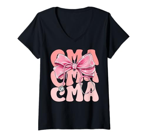 Damen CMA Week Day für Damen, pinkfarbener Kokettenbogen und Stethoskop T-Shirt mit V-Ausschnitt Damen CMA Week Day für Damen, pinkfarbener Kokettenbogen und Stethoskop T-Shirt mit V-Ausschnitt von Groovy Coquette CMA for Cute and Funny Nurses