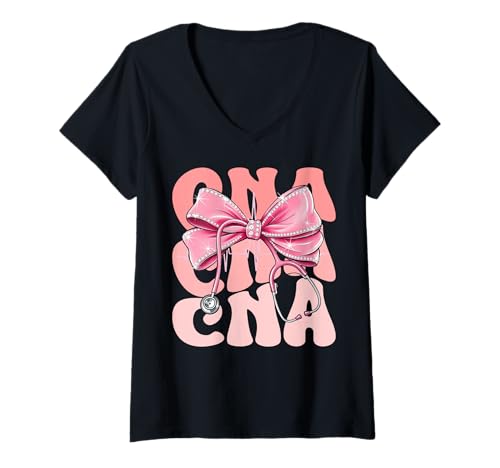 Damen CNA Week Day for Women Pink Coquette Bow Cute Stethoskop T-Shirt mit V-Ausschnitt Damen CNA Week Day for Women Pink Coquette Bow Cute Stethoskop T-Shirt mit V-Ausschnitt von Groovy Coquette CNA for Cute and Funny Nurses