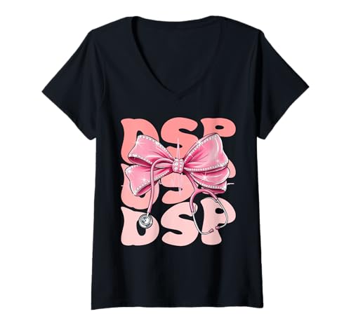 Damen DSP Week Day for Women Pink Coquette Bow Cute Stethoskop T-Shirt mit V-Ausschnitt Damen DSP Week Day for Women Pink Coquette Bow Cute Stethoskop T-Shirt mit V-Ausschnitt von Groovy Coquette DSP for Cute and Funny Nurses