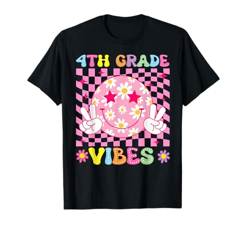 Mädchen der 4. Klasse Vibes Smile Face Zurück zur Schule Vierte Klasse T-Shirt Mädchen der 4. Klasse Vibes Smile Face Zurück zur Schule Vierte Klasse T-Shirt von Groovy First Day of School Outfit Women Men