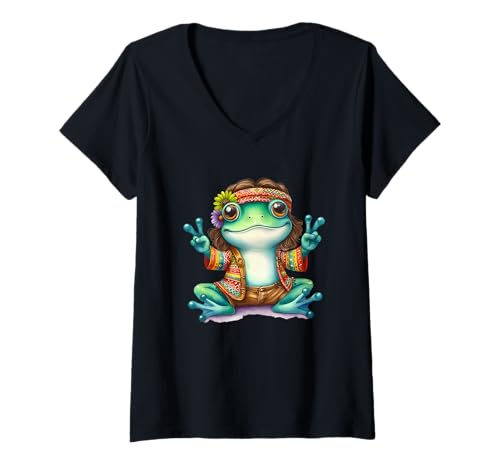 Damen Hippie Frosch Friedenszeichen bunt 70er Jahre Stil T-Shirt mit V-Ausschnitt Damen Hippie Frosch Friedenszeichen bunt 70er Jahre Stil T-Shirt mit V-Ausschnitt von Groovy Frog Retro Peaceful Vibes Festival