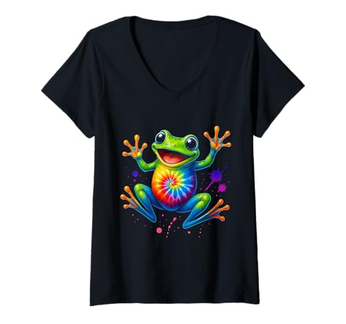 Damen Bunte Batik-Frosch, Retro-Stil, Frieden, niedlicher Stil T-Shirt mit V-Ausschnitt Damen Bunte Batik-Frosch, Retro-Stil, Frieden, niedlicher Stil T-Shirt mit V-Ausschnitt von Groovy Frog Vibes Gifts