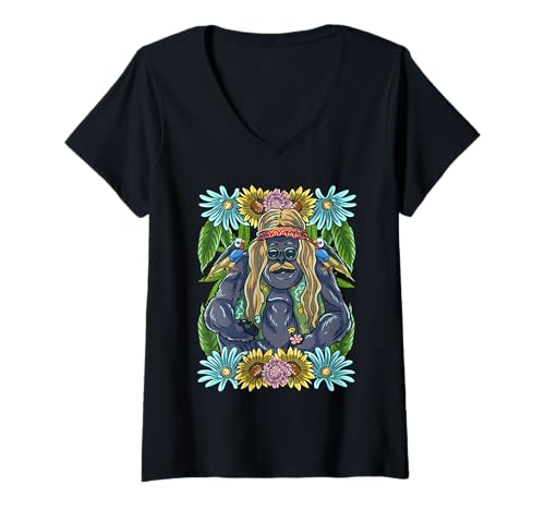Damen Hippie Gorilla Retro 60er 70er Jahre Flower Power Boho Festival Kunst T-Shirt mit V-Ausschnitt Damen Hippie Gorilla Retro 60er 70er Jahre Flower Power Boho Festival Kunst T-Shirt mit V-Ausschnitt von Groovy Galaxy Creations
