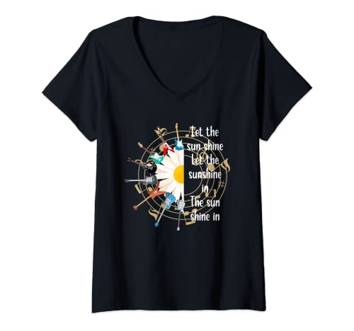Damen Groovy Hippie Trippy 60er Jahre Gitarrenmusik Let the Sunshine In T-Shirt mit V-Ausschnitt Damen Groovy Hippie Trippy 60er Jahre Gitarrenmusik Let the Sunshine In T-Shirt mit V-Ausschnitt von Groovy Hippie Trippy 60s 70s Shirt