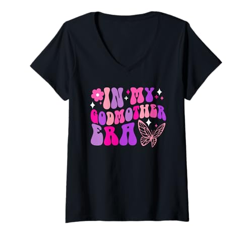 Damen Groovy In My Godmother Era Godmama-Ära Patin-Ära T-Shirt mit V-Ausschnitt von Groovy In My Godmother Era Godmom Era Tees