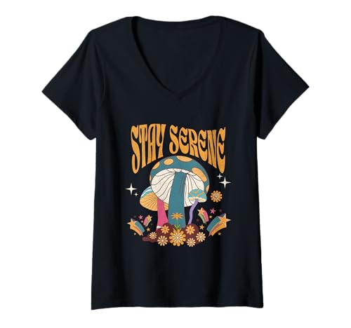 Damen Stay Serene Groovy Zitat Pilze Fetttext Boho Stil T-Shirt mit V-Ausschnitt Damen Stay Serene Groovy Zitat Pilze Fetttext Boho Stil T-Shirt mit V-Ausschnitt von Groovy Mushrooms Quote Bold Text Hippie tees