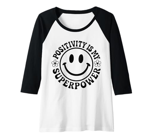 Damen „Positivität ist Meine Superkraft“ Happy Face Smile Flower im Retro-Look Raglan Damen „Positivität ist Meine Superkraft“ Happy Face Smile Flower im Retro-Look Raglan von Groovy Retro 70s Peace Hippie Fun Love Smile Shirt
