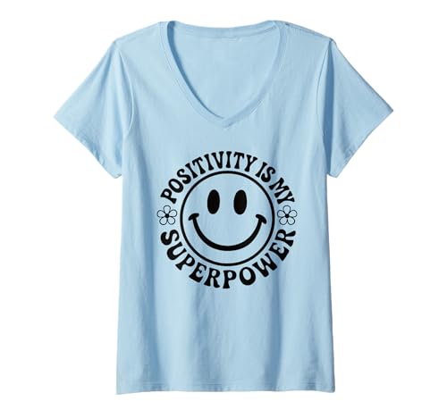 Damen „Positivität ist Meine Superkraft“ Happy Face Smile Flower im Retro-Look T-Shirt mit V-Ausschnitt von Groovy Retro 70s Peace Hippie Fun Love Smile Shirt