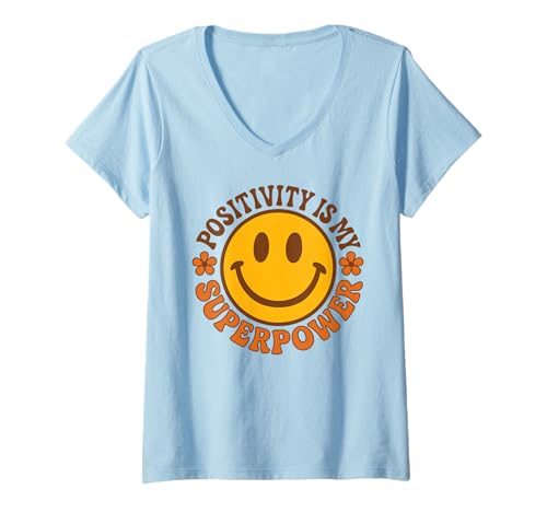 Damen „Positivität ist Meine Superkraft“ Happy Face Smile Flower im Retro-Look T-Shirt mit V-Ausschnitt Damen „Positivität ist Meine Superkraft“ Happy Face Smile Flower im Retro-Look T-Shirt mit V-Ausschnitt von Groovy Retro 70s Peace Hippie Fun Love Smile Shirt