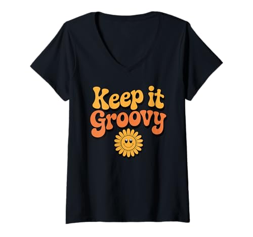 Damen Keep It Groovy Retro-Hemd mit Blumen und Happy Face, Vintage-Hippie T-Shirt mit V-Ausschnitt von Groovy Retro 70s Peace Hippie Fun Love Smile Shirt