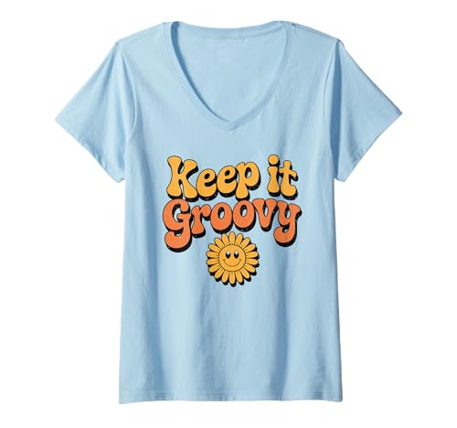 Damen Keep It Groovy Retro-Hemd mit Blumen und Happy Face, Vintage-Hippie T-Shirt mit V-Ausschnitt Damen Keep It Groovy Retro-Hemd mit Blumen und Happy Face, Vintage-Hippie T-Shirt mit V-Ausschnitt von Groovy Retro 70s Peace Hippie Fun Love Smile Shirt