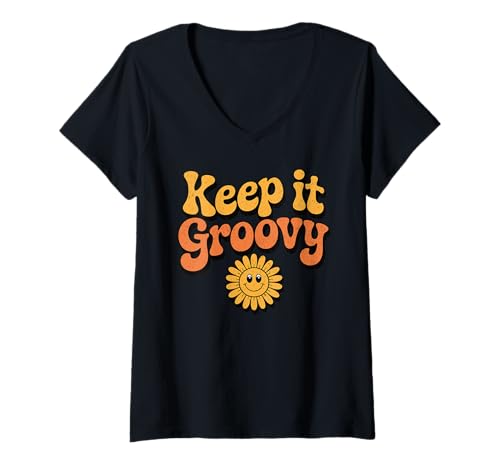 Damen Keep It Groovy Retro-Hemd mit Blumen und Happy Face, Vintage-Hippie T-Shirt mit V-Ausschnitt Damen Keep It Groovy Retro-Hemd mit Blumen und Happy Face, Vintage-Hippie T-Shirt mit V-Ausschnitt von Groovy Retro 70s Peace Hippie Fun Love Smile Shirt