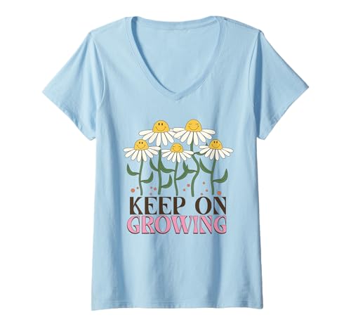 Damen Retro-Gänseblümchen mit lächelndem Gesicht, das weiter wächst, EIN glückliches, positives Mädchen T-Shirt mit V-Ausschnitt Damen Retro-Gänseblümchen mit lächelndem Gesicht, das weiter wächst, EIN glückliches, positives Mädchen T-Shirt mit V-Ausschnitt von Groovy Retro 70s Peace Hippie Fun Love Smile Shirt