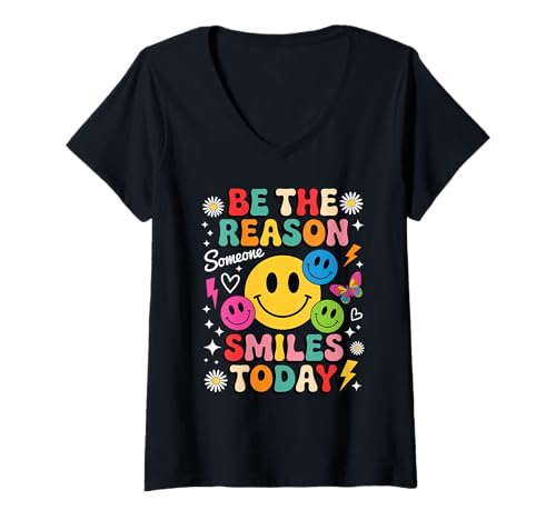 Damen Sei der Grund, Warum Heute jemand lächelt, buntes, fröhliches Retro-Gesicht T-Shirt mit V-Ausschnitt Damen Sei der Grund, Warum Heute jemand lächelt, buntes, fröhliches Retro-Gesicht T-Shirt mit V-Ausschnitt von Groovy Retro 70s Peace Hippie Fun Love Smile Shirt