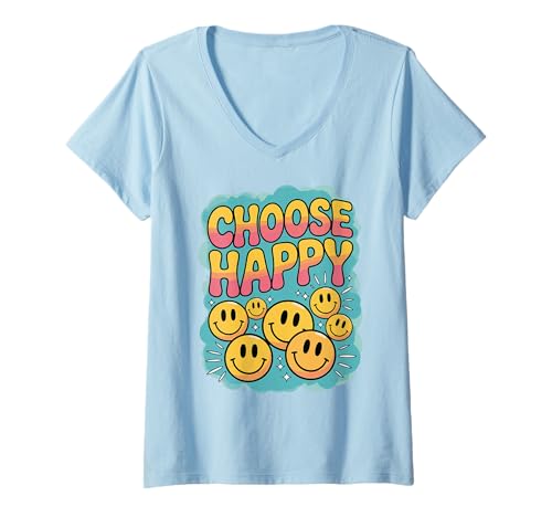 Damen Wählen Sie Happy Retro Positive Zitat Cute Cheerful Smile Face T-Shirt mit V-Ausschnitt Damen Wählen Sie Happy Retro Positive Zitat Cute Cheerful Smile Face T-Shirt mit V-Ausschnitt von Groovy Retro 70s Peace Hippie Fun Love Smile Shirt