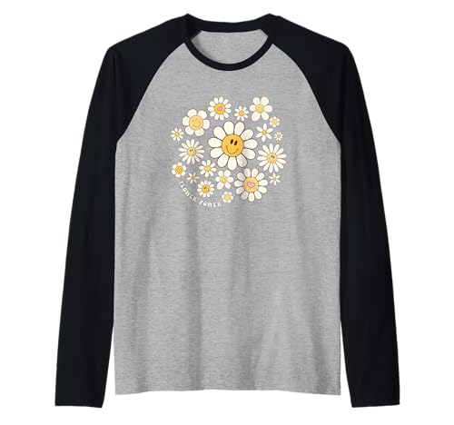 Flower Power Süßes Lächeln, Gesichtsblume, Happy Face, Blumen, Mädchen Raglan von Groovy Retro 70s Peace Hippie Fun Love Smile Shirt