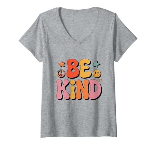 Damen Be Kind Hemd 70er Jahre Groovy Retro Regenbogen Aesthetic T-Shirt mit V-Ausschnitt von Groovy Retro Rainbow Aesthetic Vibes
