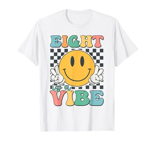 Eight Is A Vibe 8. Geburtstag Smile Face Hippie Junge Mädchen Kind T-Shirt von Groovy Smile Face Hippie Birthday Party Tee
