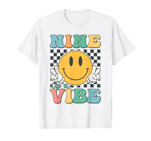 Nine Is A Vibe 9. Geburtstag Smile Face Hippie Junge Mädchen Kind T-Shirt von Groovy Smile Face Hippie Birthday Party Tee