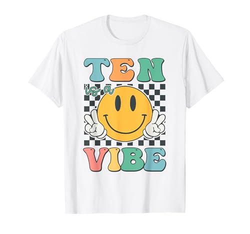 Ten Is A Vibe, 10. Geburtstag, Lächeln, Gesicht, Hippie, Junge, Mädchen, Kind T-Shirt von Groovy Smile Face Hippie Birthday Party Tee