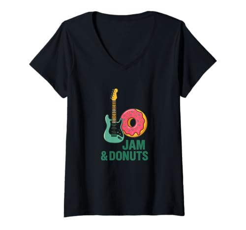 Damen Jam & Donuts Lustige Musik Essen Grafik T-Shirt mit V-Ausschnitt Damen Jam & Donuts Lustige Musik Essen Grafik T-Shirt mit V-Ausschnitt von Groovy Snacks & Guitar Vibes