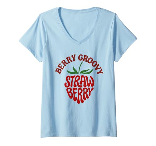 Damen Groovy Strawberry Retro Berry Lover T-Shirt mit V-Ausschnitt von Groovy Strawberry 70s Retro Fruit Vibes