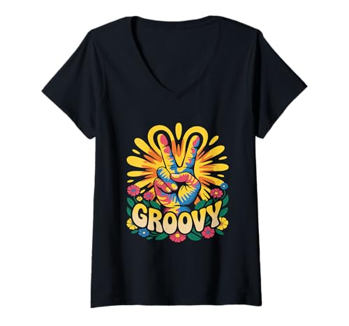 Damen Groovy Peace Sign Tie Dye T-Shirt - Retro 60er 70er Hippie T-Shirt mit V-Ausschnitt Damen Groovy Peace Sign Tie Dye T-Shirt - Retro 60er 70er Hippie T-Shirt mit V-Ausschnitt von Groovy Vibes Apparel